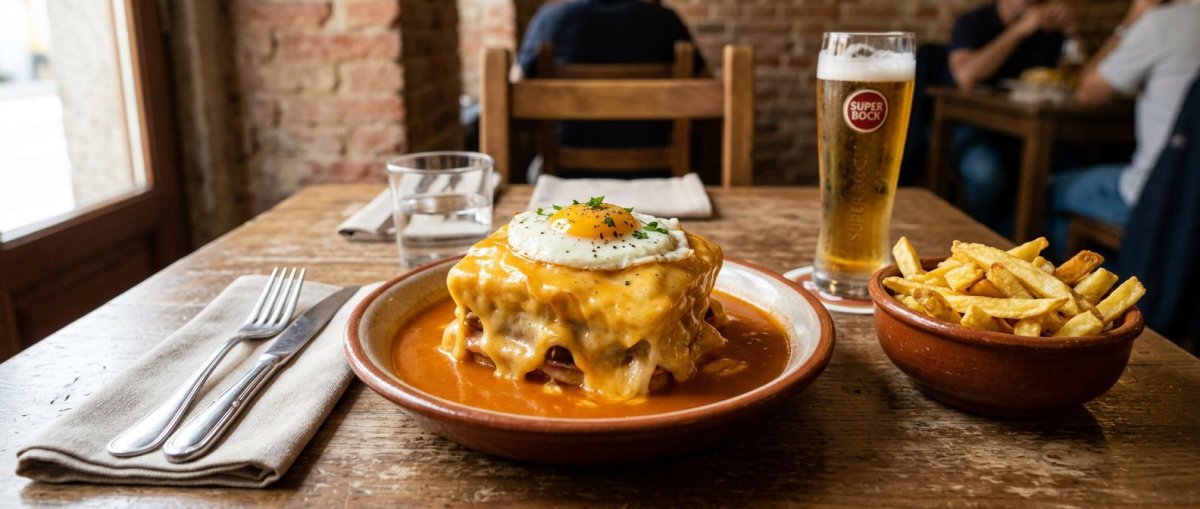 Francesinha mit Spiegelei und Soße auf einem Holztisch in einem Lokal in Porto, daneben Pommes und ein Glas Bier