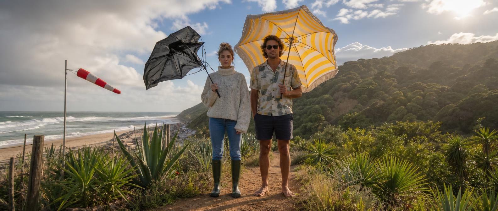 Paar an der portugiesischen Küste, sie im Wollpullover mit Gummistiefeln, er in Shorts mit Sonnenschirm, dazwischen ein vom Wind zerdrückter Schirm