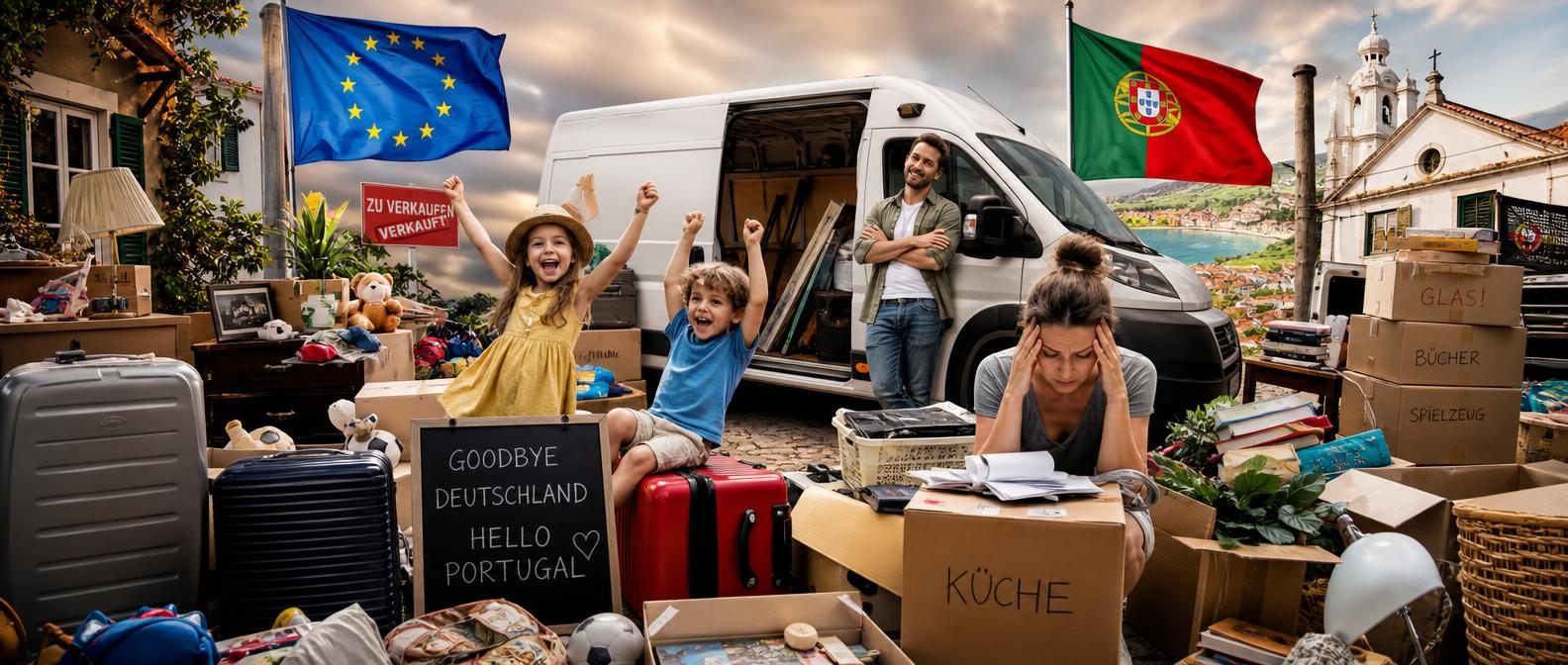 Familie beim Umzug nach Portugal, Umzugswagen und beschriftete Kisten, dazu eine Tafel mit Goodbye Deutschland, Hello Portugal